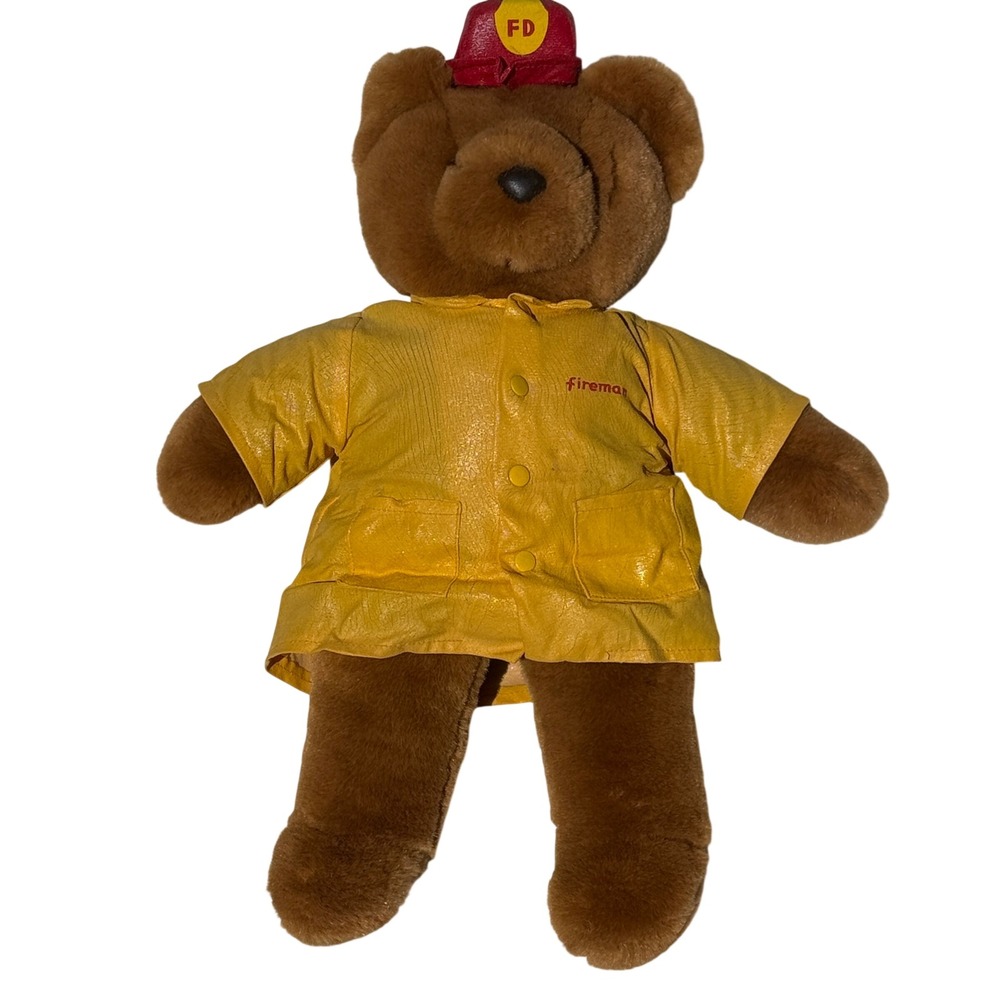 Vintage 70s Fireman Teddy Bear Plush FD Helmet Yellow Coat Rustic Cabin Decor